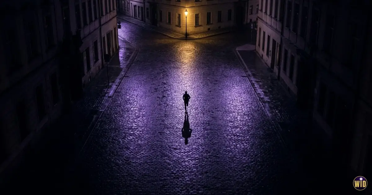 A distant silhouette running on a wet night street, evoking dreaming of being chased