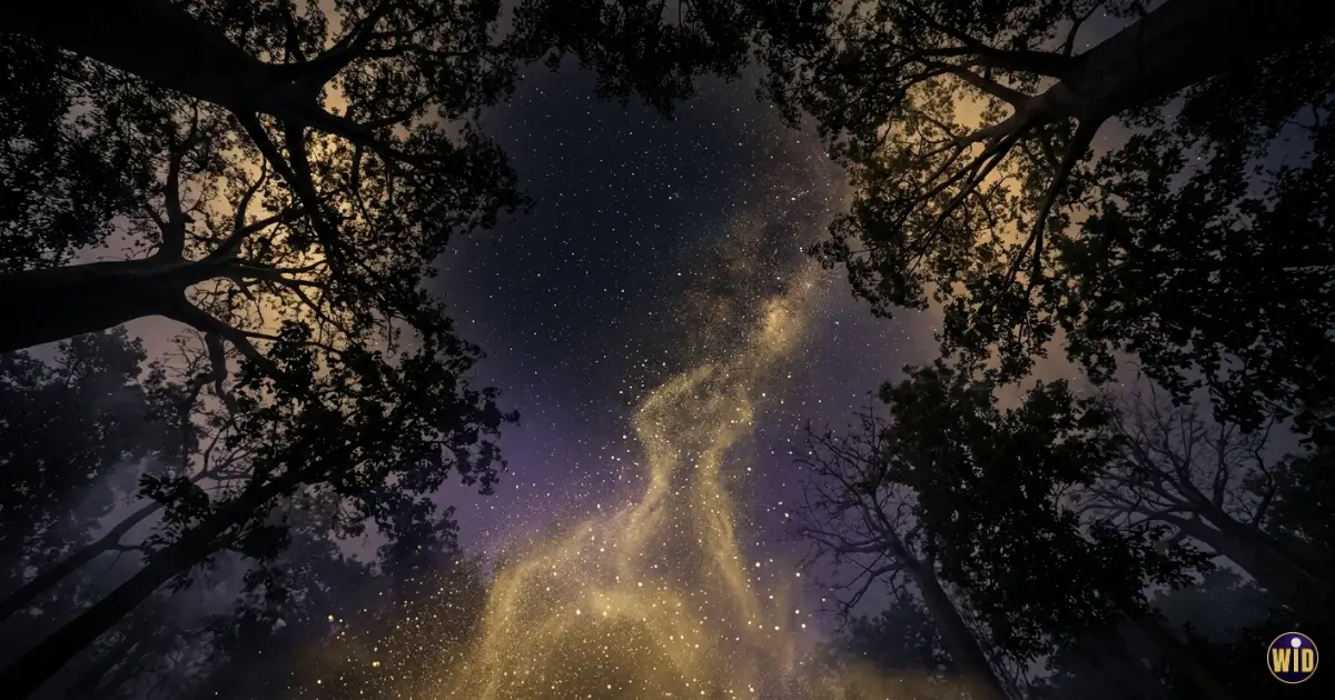 A night sky seen from below through dark treetops with rising light, evoking dreaming of flying