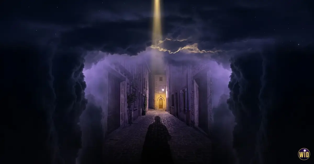 A vertical void of dark clouds with a distant shaft of gold light, illustrating dreaming of falling