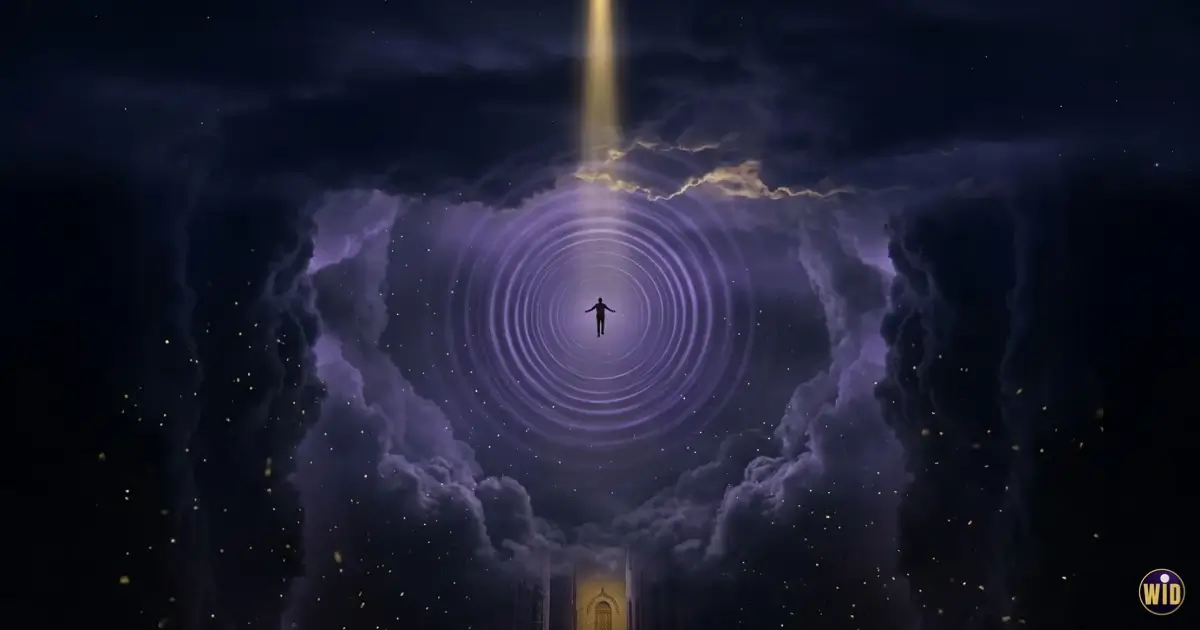 A small silhouette suspended in a night sky with violet ripples, evoking dreaming of falling
