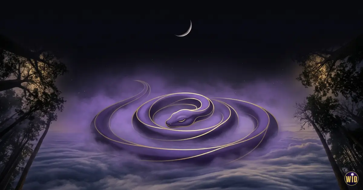 A stylised serpent coiled calmly in violet shadow with gold outlines, illustrating dreaming of a snake
