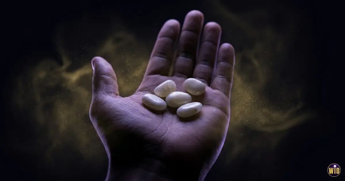An open palm holding pale stones in moonlight, a symbol of dreaming of teeth falling out