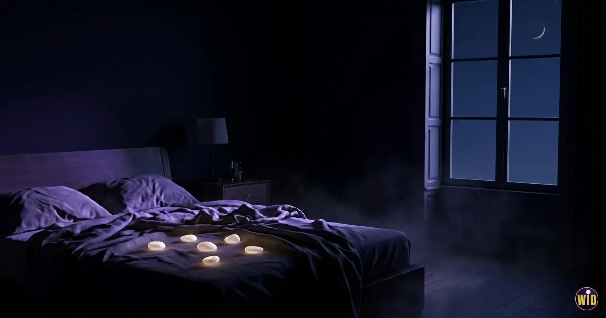 A dark bedroom at dawn with pale stones on the sheets, evoking dreaming of teeth falling out