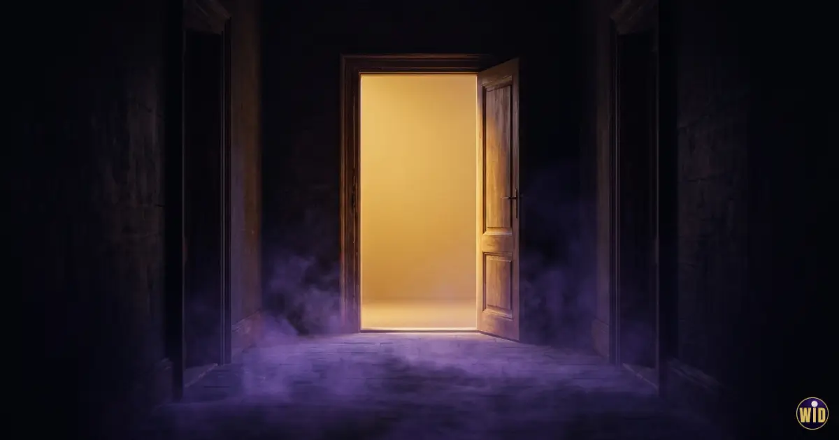 An open doorway at the end of a dark corridor with gold light beyond it, evoking dreaming of death