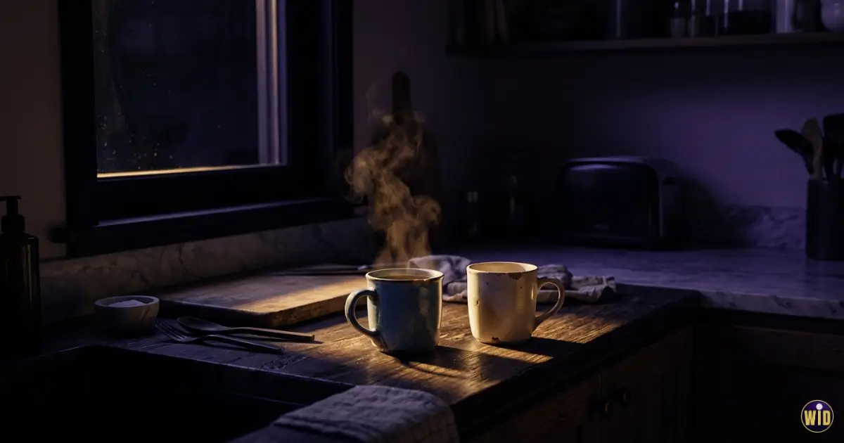 Two coffee cups on a dark kitchen counter at night, one cold and one still warm, illustrating dreaming about your ex