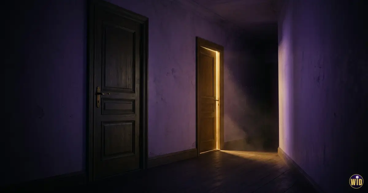 A night hallway with one closed door and one ajar spilling gold light, evoking dreaming about your ex