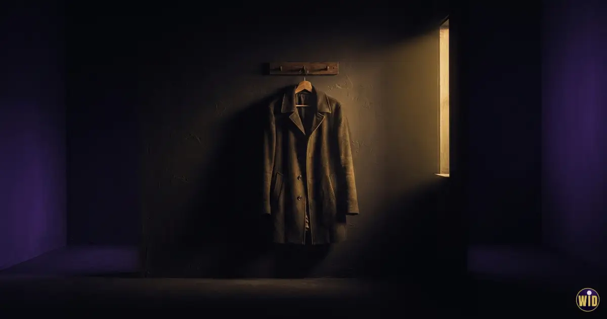 An empty coat hanging alone in a dark room lit by gold light, illustrating dreaming of being naked in public