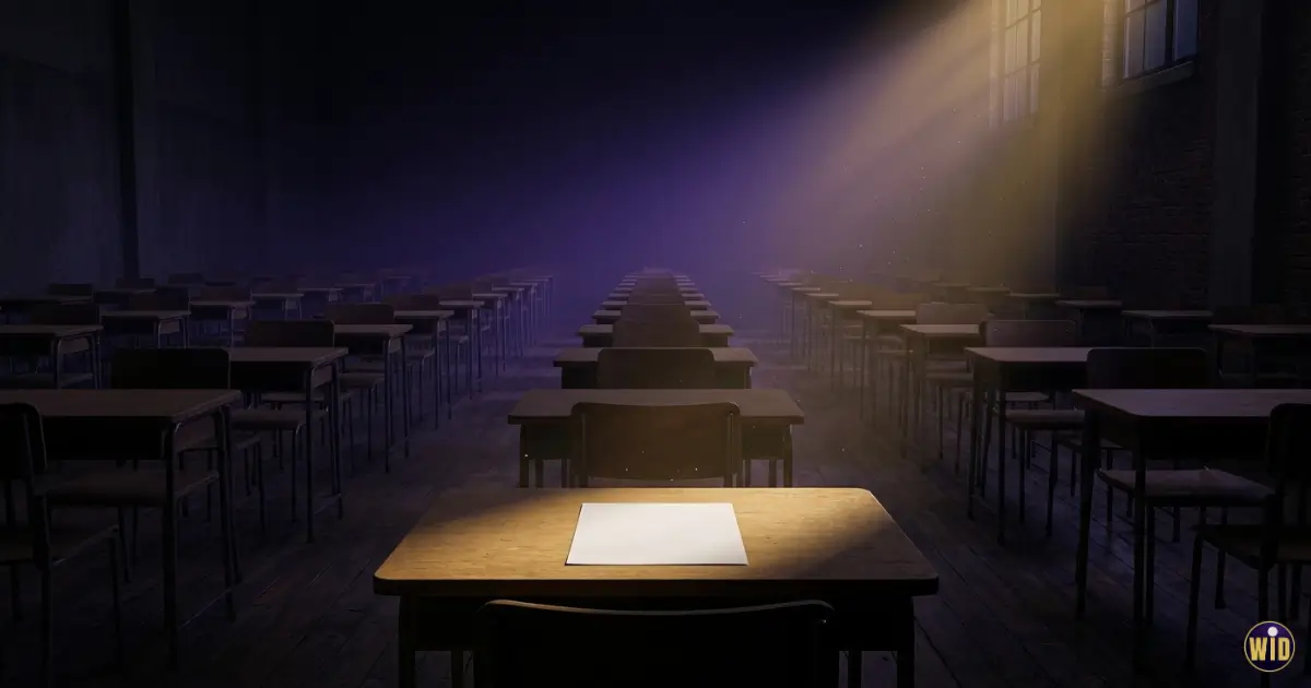 An empty examination hall at night with a blank sheet on a desk lit by gold light, illustrating dreaming of being back in school