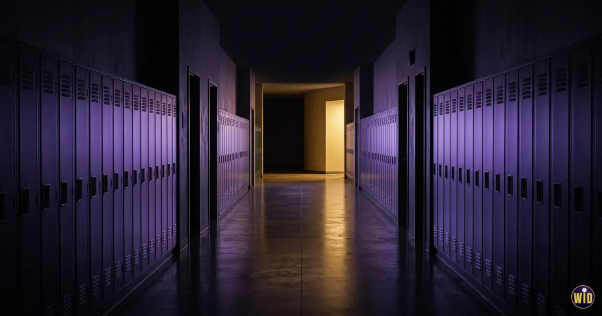 An empty school corridor at night with closed lockers and a gold light at the far end, evoking dreaming of being back in school