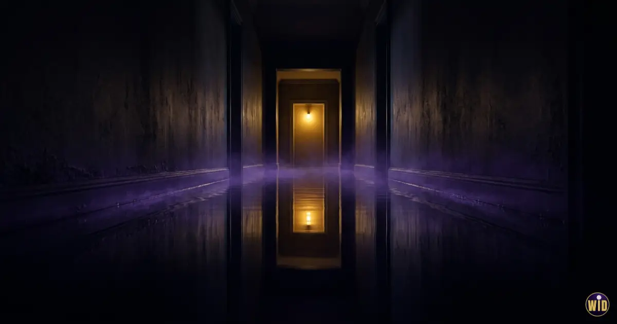 A dark hallway with still water covering the floor and a gold light at the far end, illustrating dreaming of water